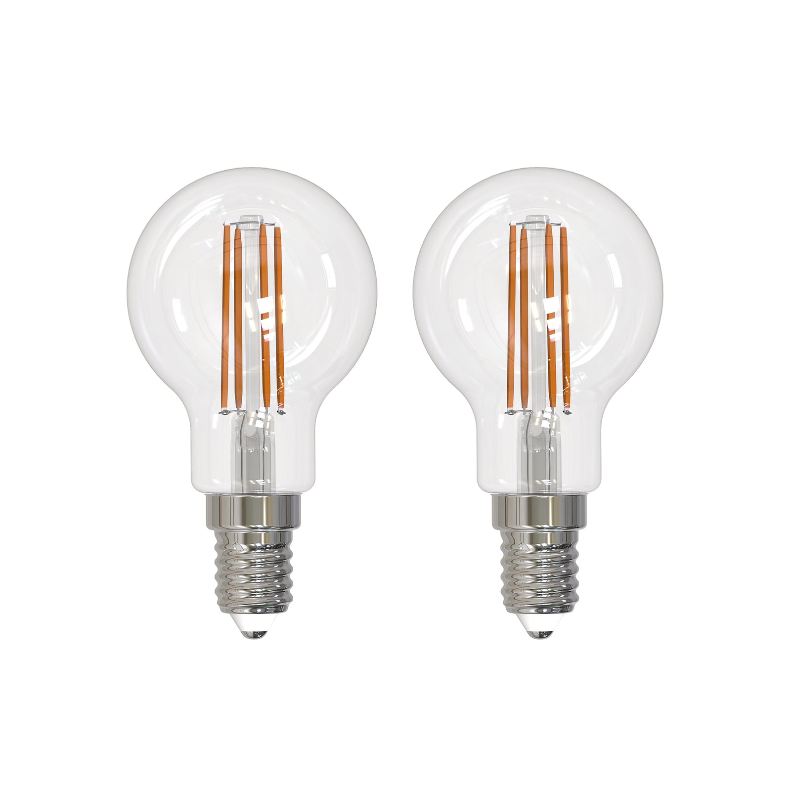 LED filamentpære E14 G45 2,2W 2700K 470 lm klar 2-pack forfra
