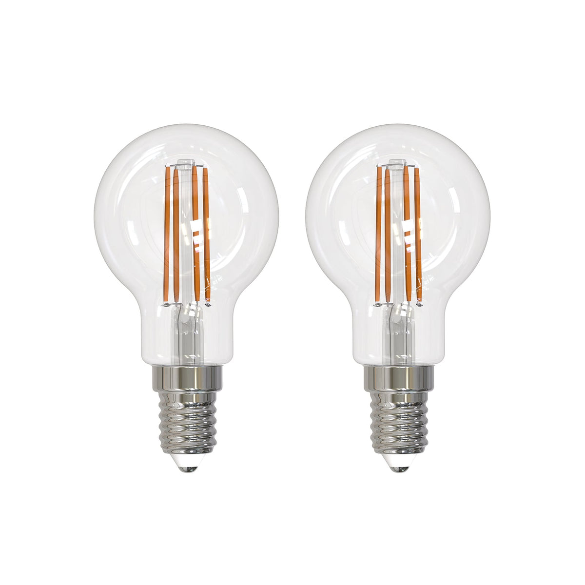 LED filamentpære E14 G45 2,2W 2700K 470 lm klar 2-pack forfra