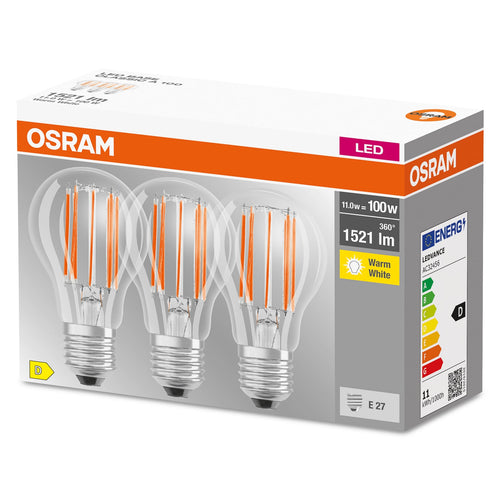 LED filamentpære E27 pæreform 11W 2700K klar 3-pk OSRAM nærbilde av filament