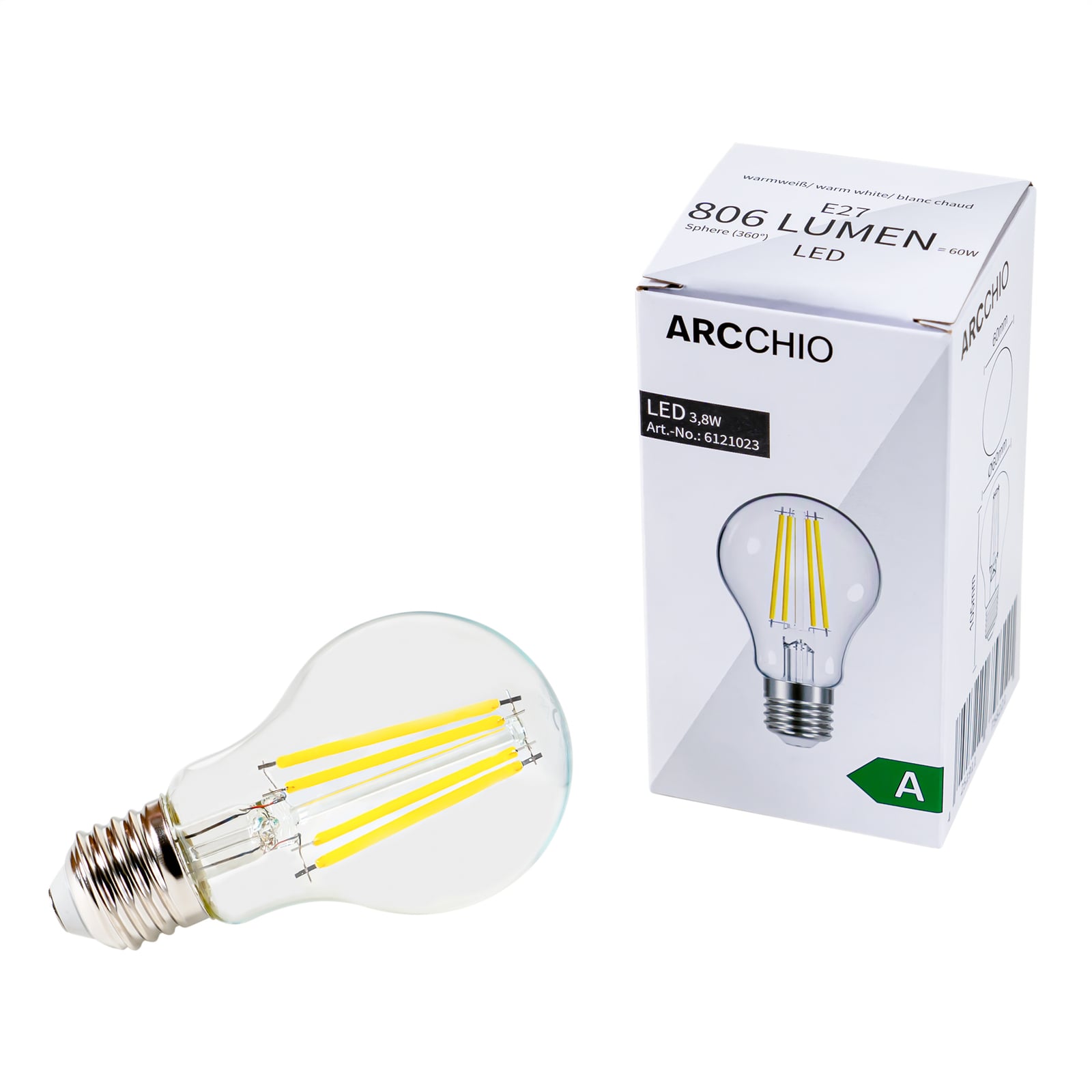 Bakside av LED filamentpære E27 3,8W 2700K 806lm klar Arcchio
