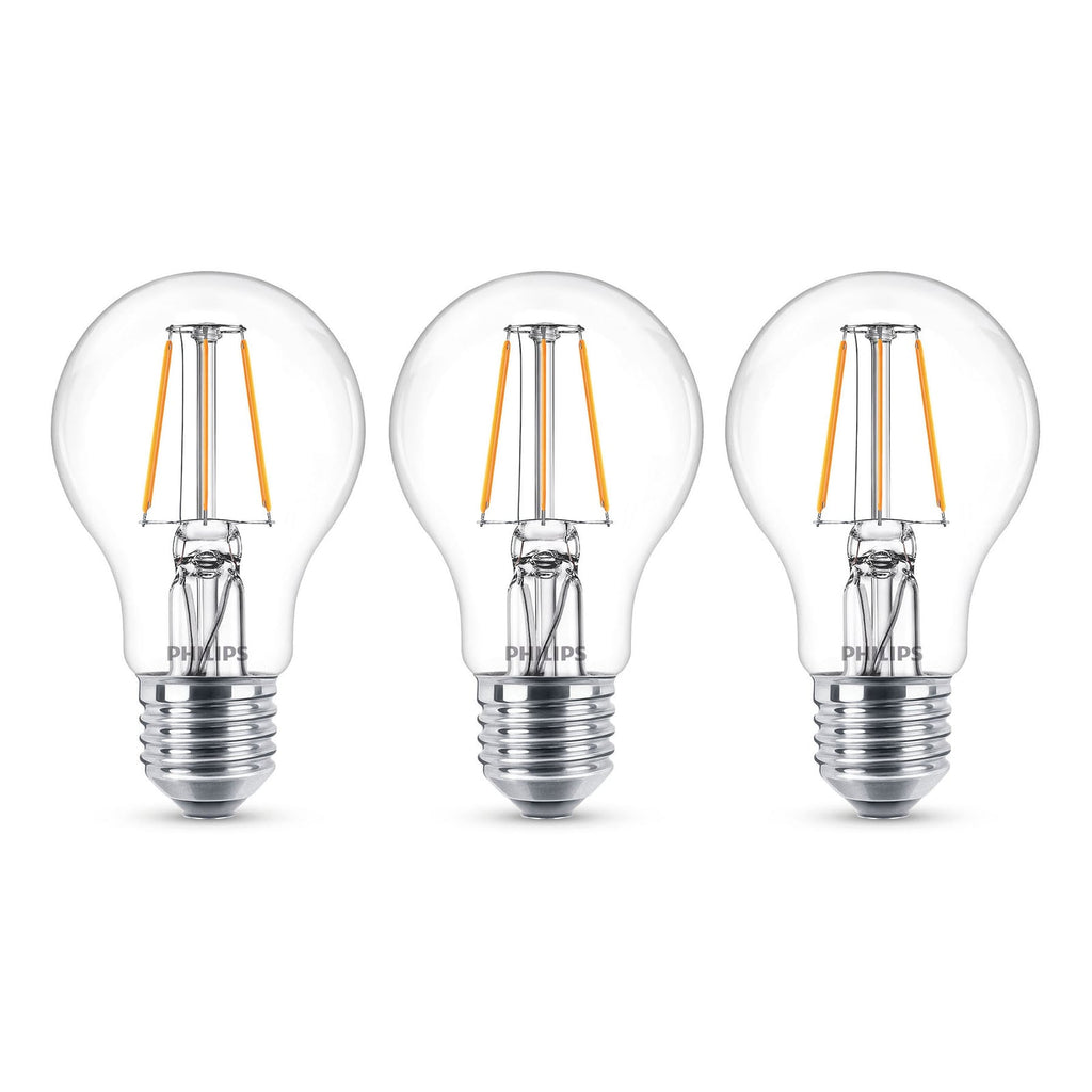 LED filamentpære E27 4,3W 2700K klar 3-pakning Philips forfra