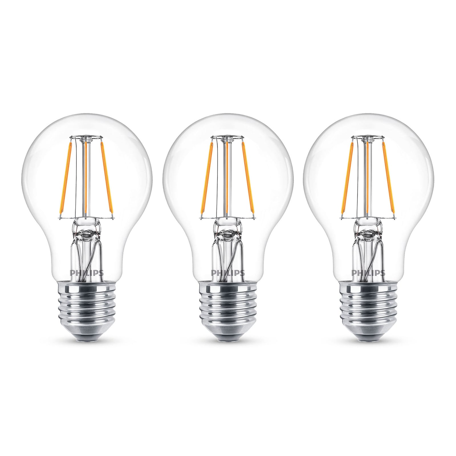 LED filamentpære E27 4,3W 2700K klar 3-pakning Philips forfra