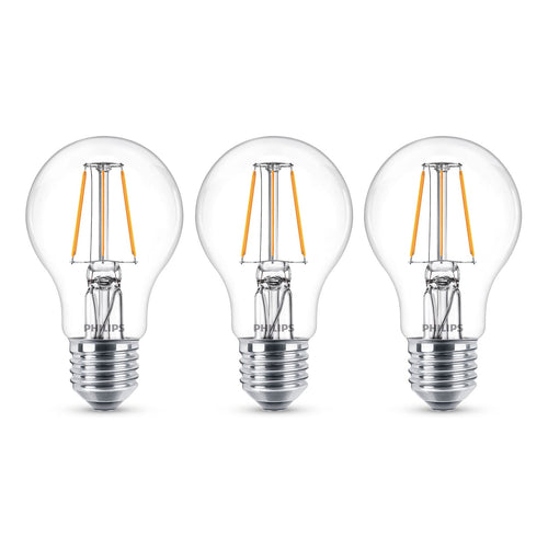 LED filamentpære E27 4,3W 2700K klar 3-pakning Philips forfra