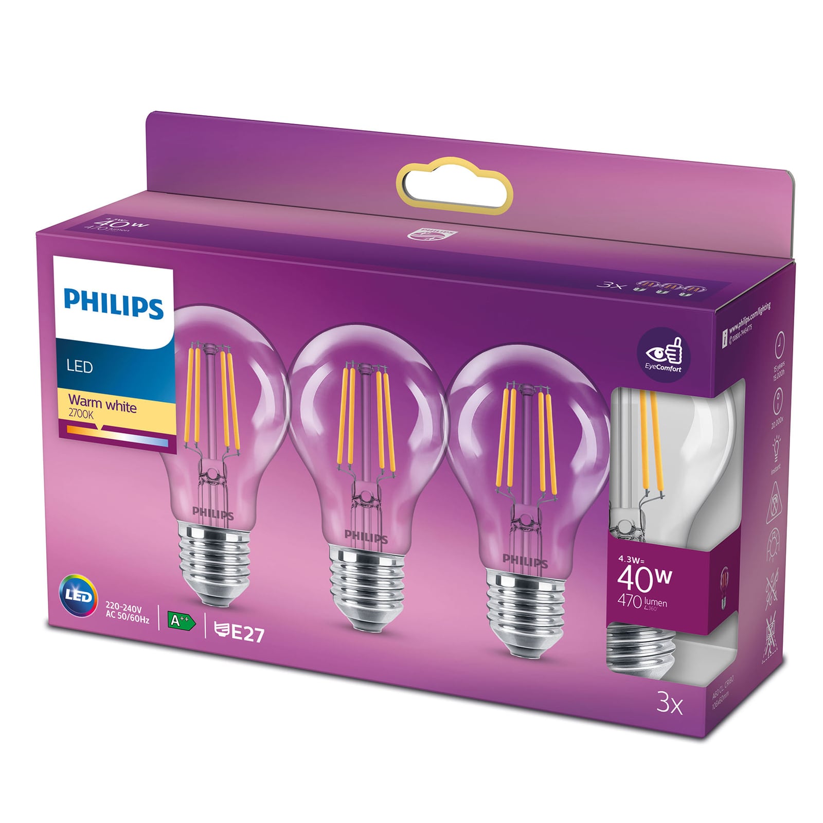 Detalj LED filamentpære E27 4,3W 2700K klar 3-pakning Philips