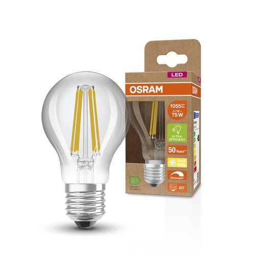 LED filamentpære E27 5,7W 2700K 1055lm dimbar klar OSRAM nærbilde filament