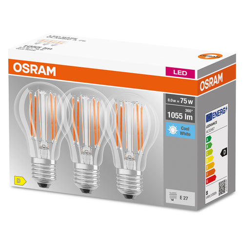 LED filamentpære E27 7,5W 4000K nøytralhvit klar 3-pakning detalj