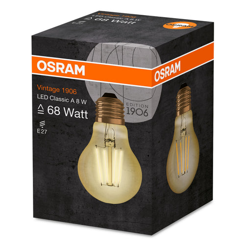 LED filamentpære E27 8W 2500K pæreform gull - OSRAM nærbilde av filament