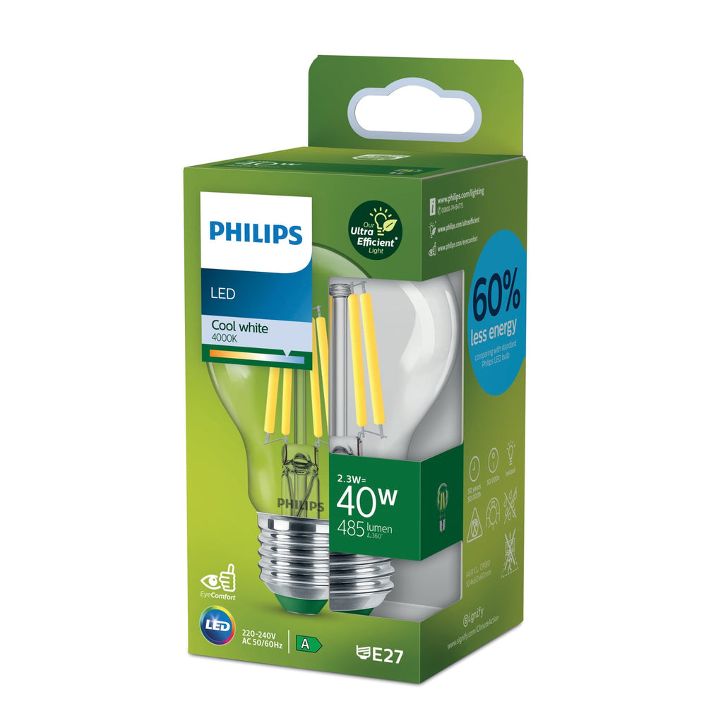 LED filamentpære E27 A60 2,3W 485lm 4000K klar - Philips montert i lampe