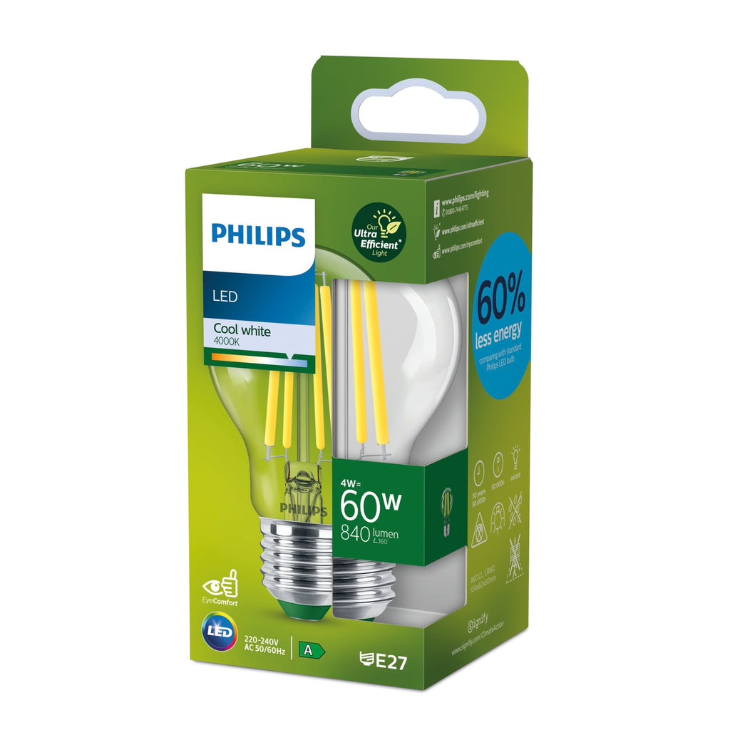 LED filamentpære E27 A60 4W 840lm 4000K klar Philips nærbilde av filament