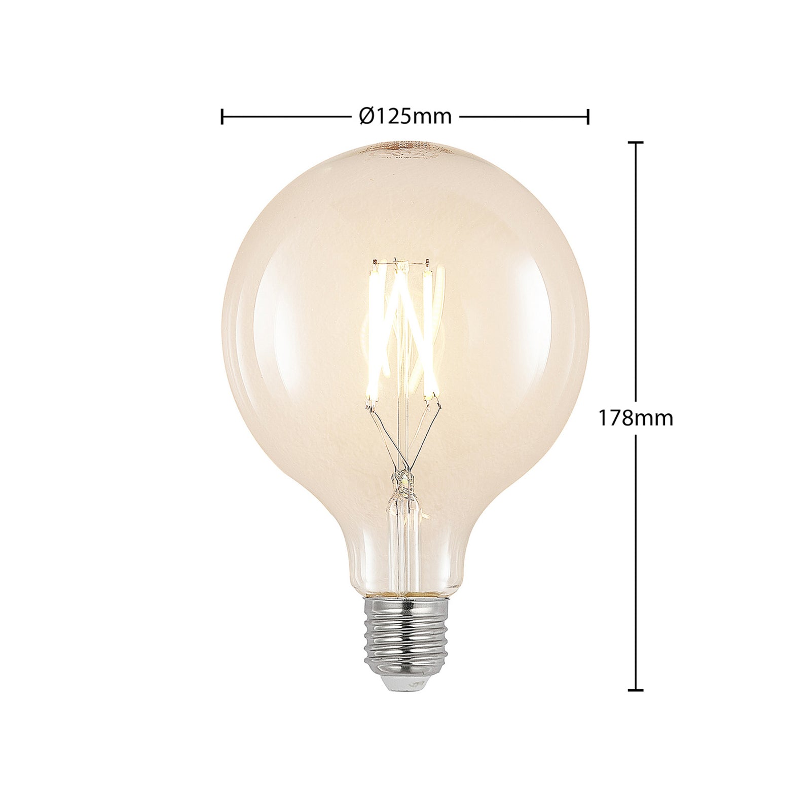LED filamentpære E27 G125 6W 2700K dimbar klar detalj