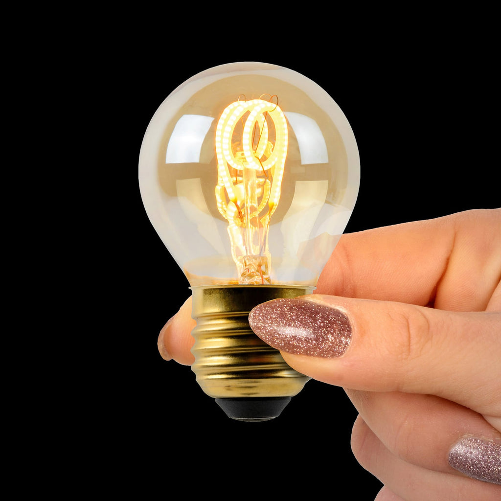 LED filamentpære E27 G45 3W 2200K dimbar amber montert i lampe