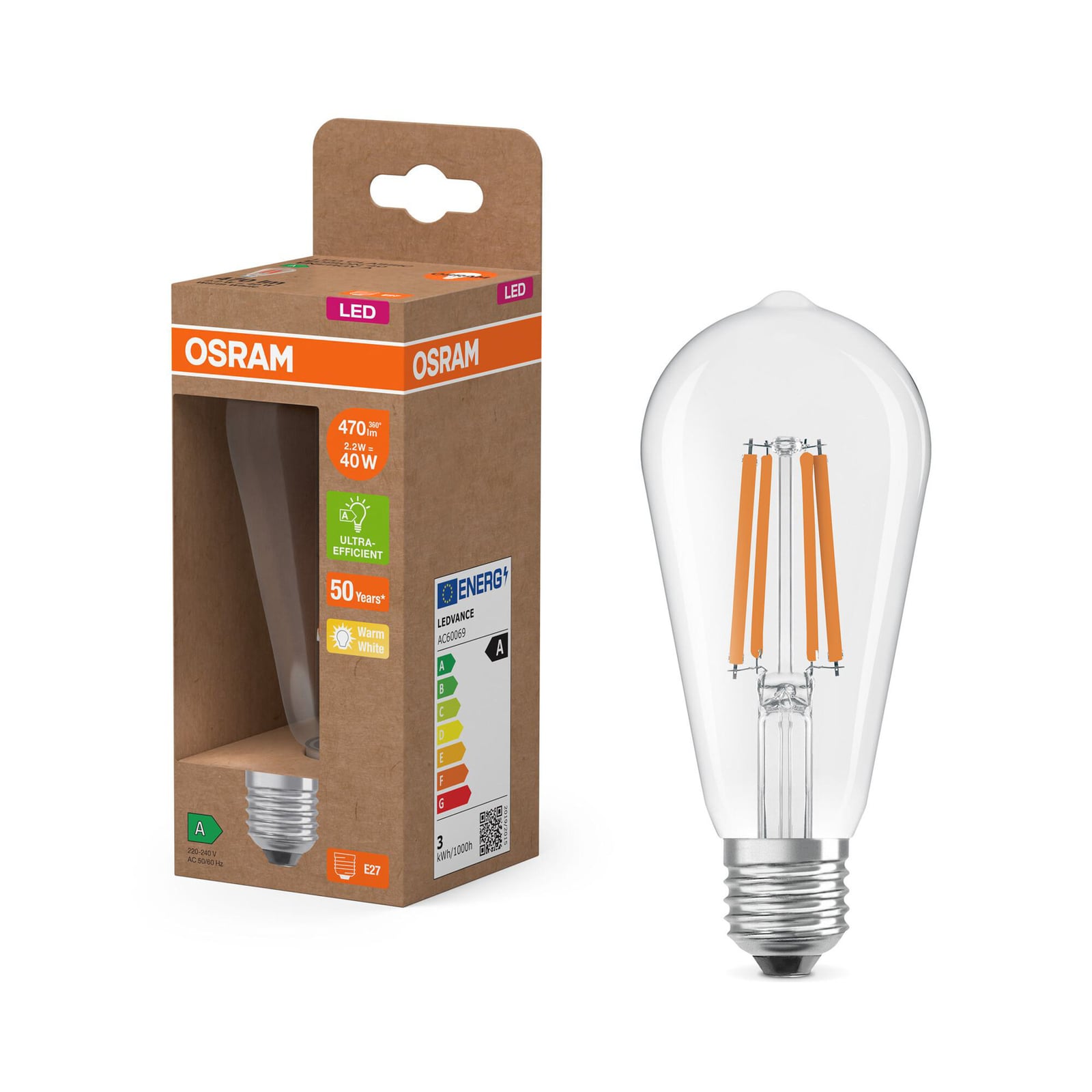 Detaljbilde av LED filamentpære Edison E27 2,2W 2700K klar 470lm OSRAM