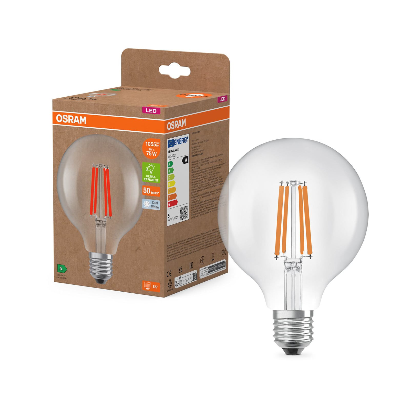Detalj av LED filamentpære Globe G95 E27 5W 4000K klar OSRAM