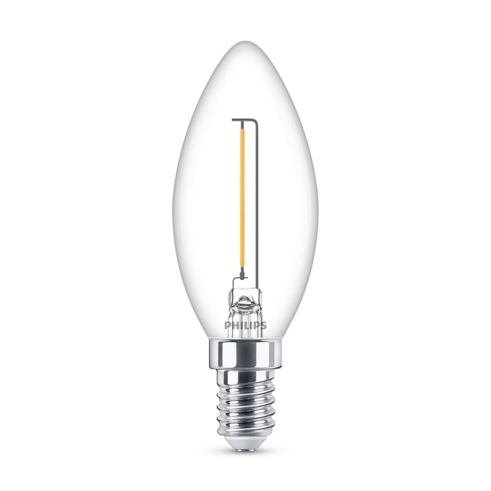 LED filamentpære kronelysform E14 1,4W 2700K klar Philips forfra