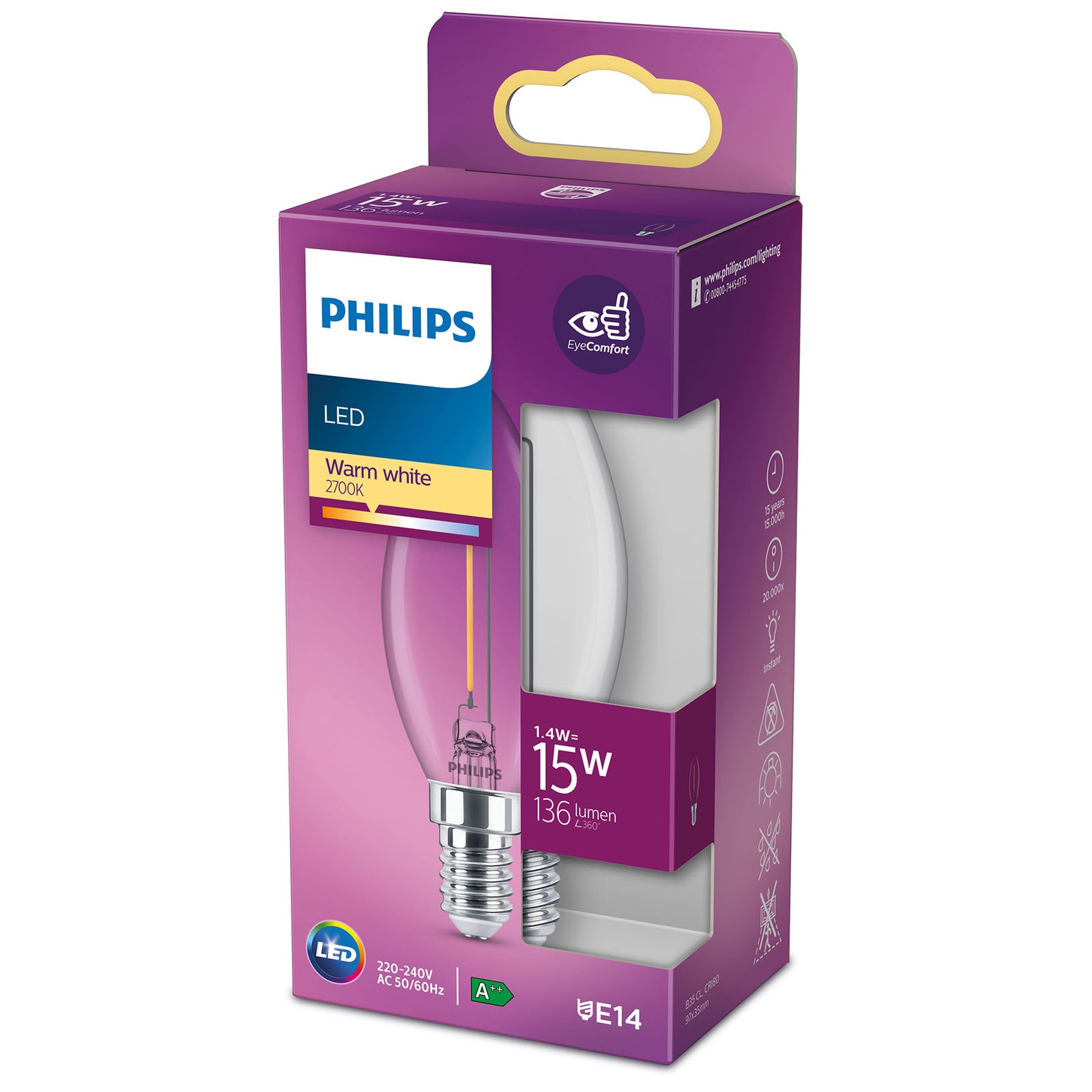 Baksiden av LED filamentpære kronelysform E14 1,4W 2700K klar Philips