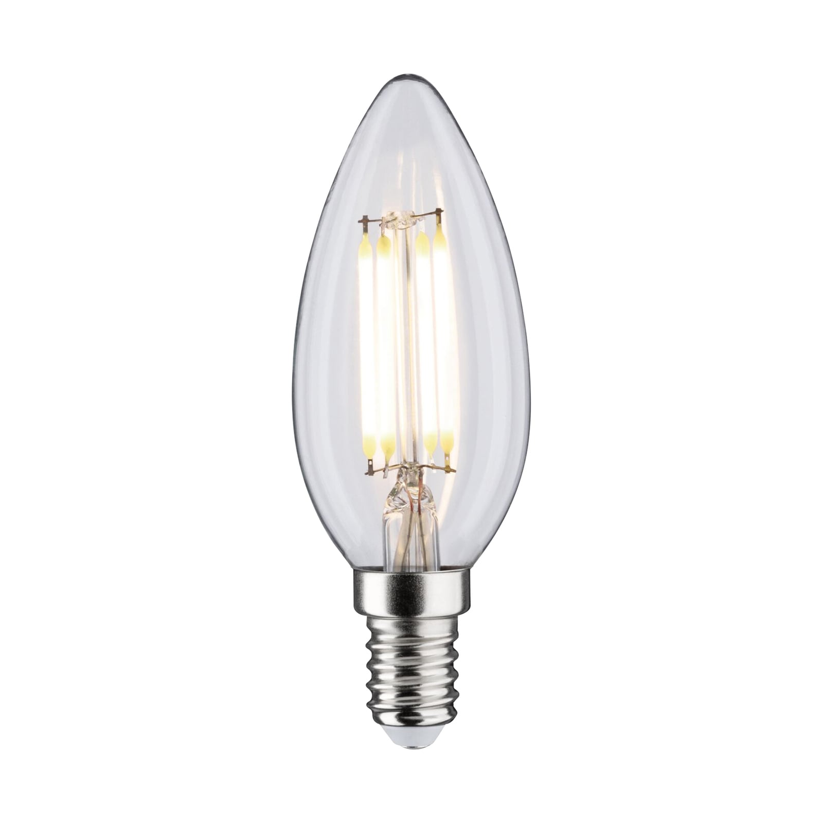 LED filamentpære kronelysform E14 4,8W 4000K klar Paulmann forfra