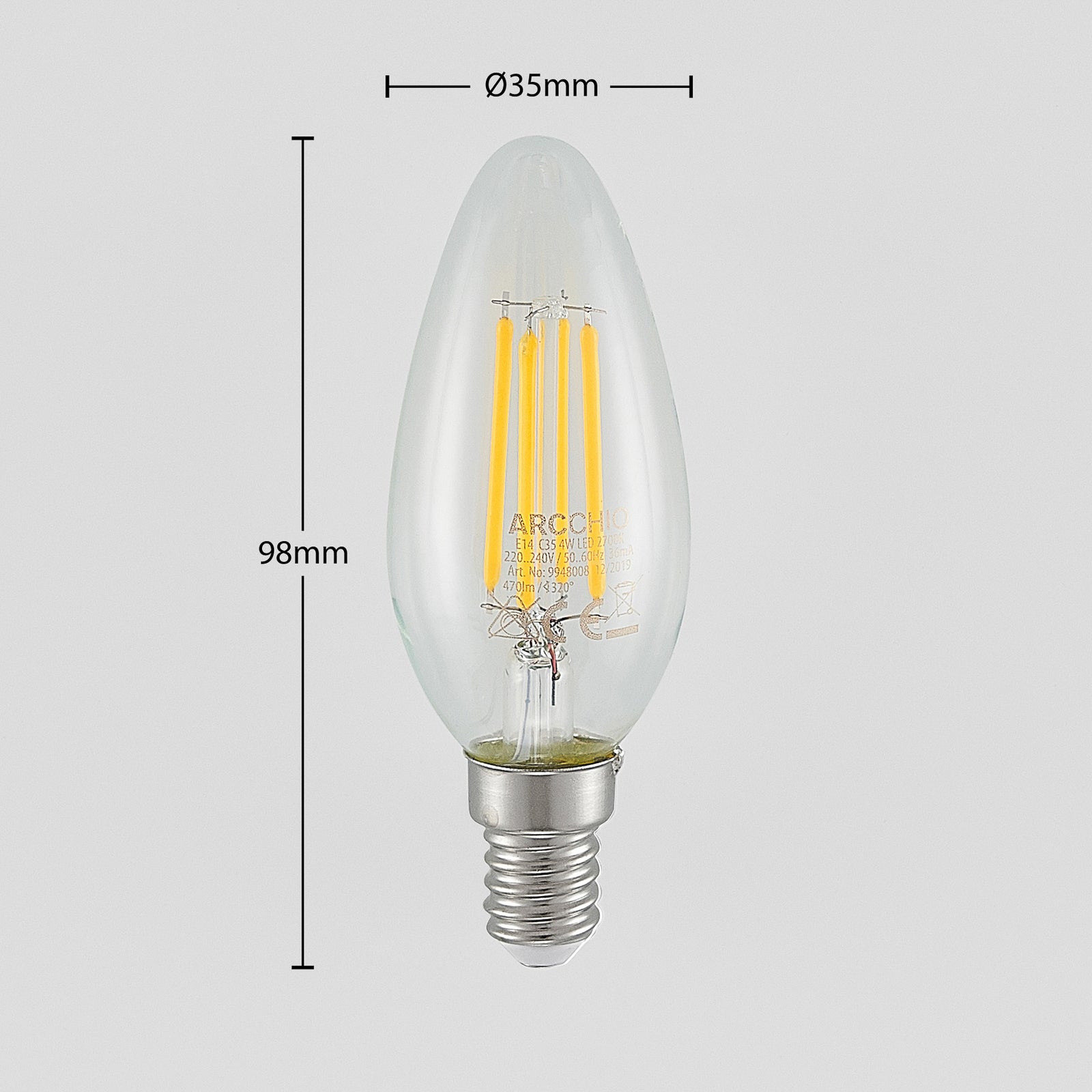 LED filamentpære kronelysform E14 4W 2700K dimbar 3-pk bakside