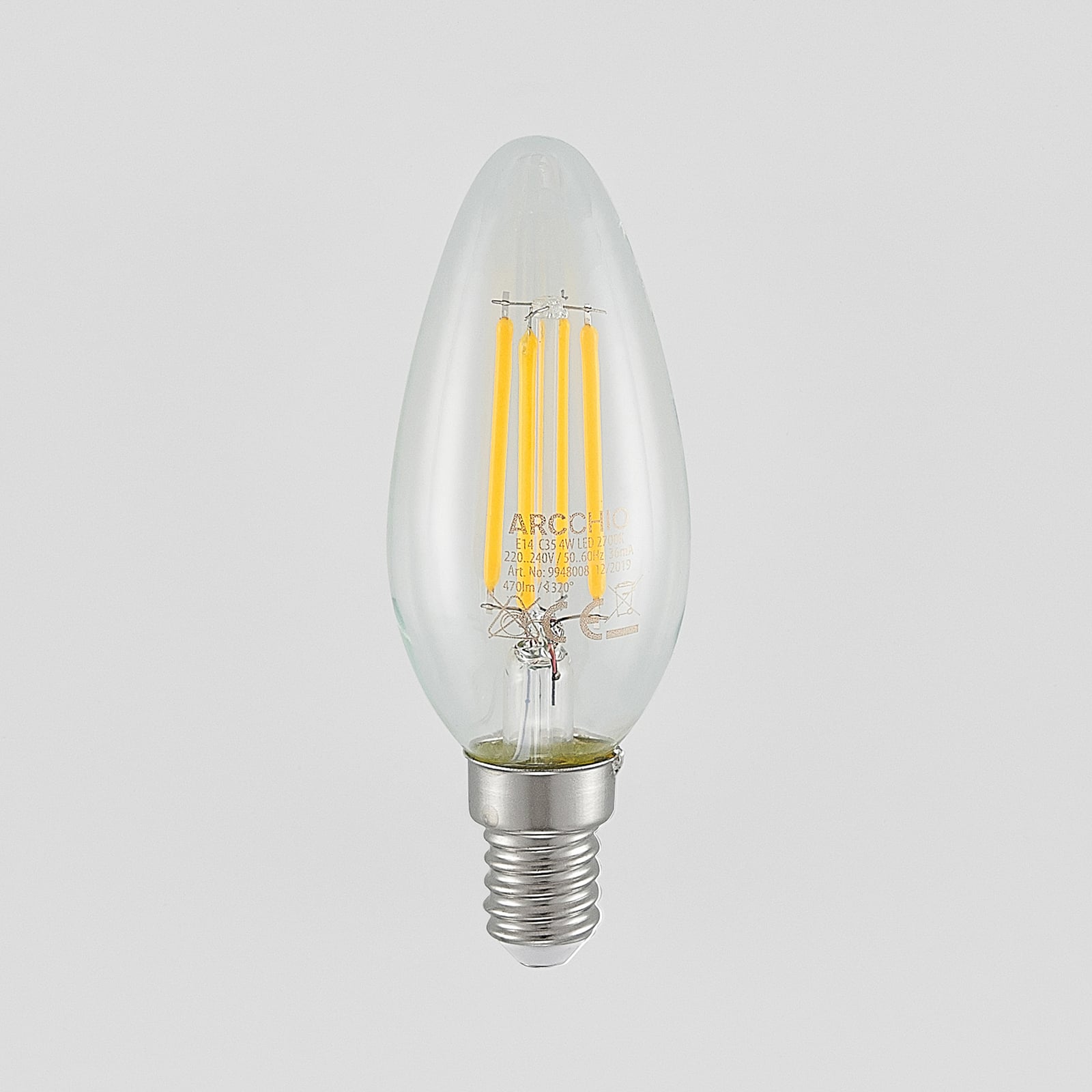 LED filamentpære kronelysform E14 4W 2700K dimbar detalj