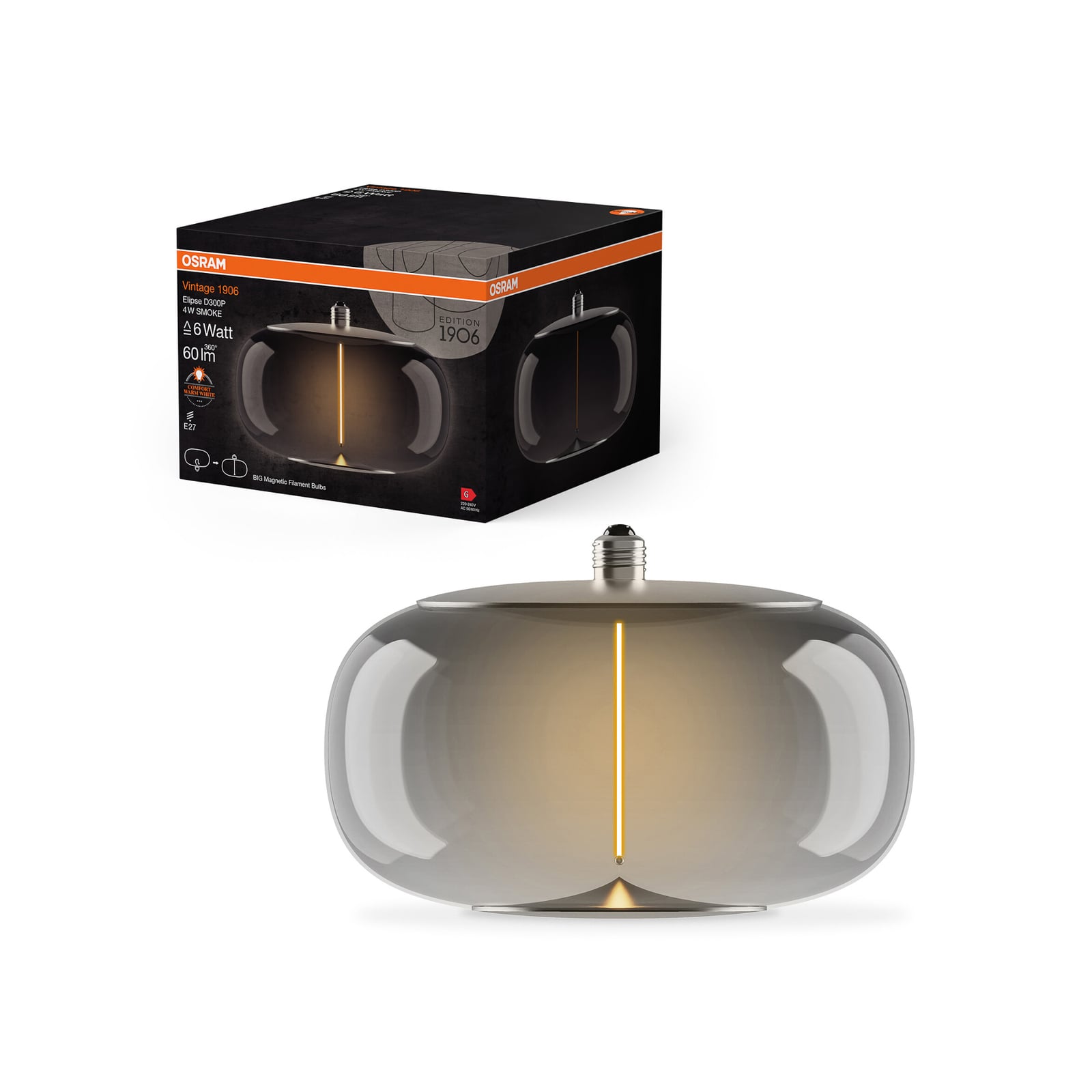 Nærbilde av magnetisk LED-filament i Vintage 1906 Big Elipse E27 4W 1800K smoke Ø30 cm