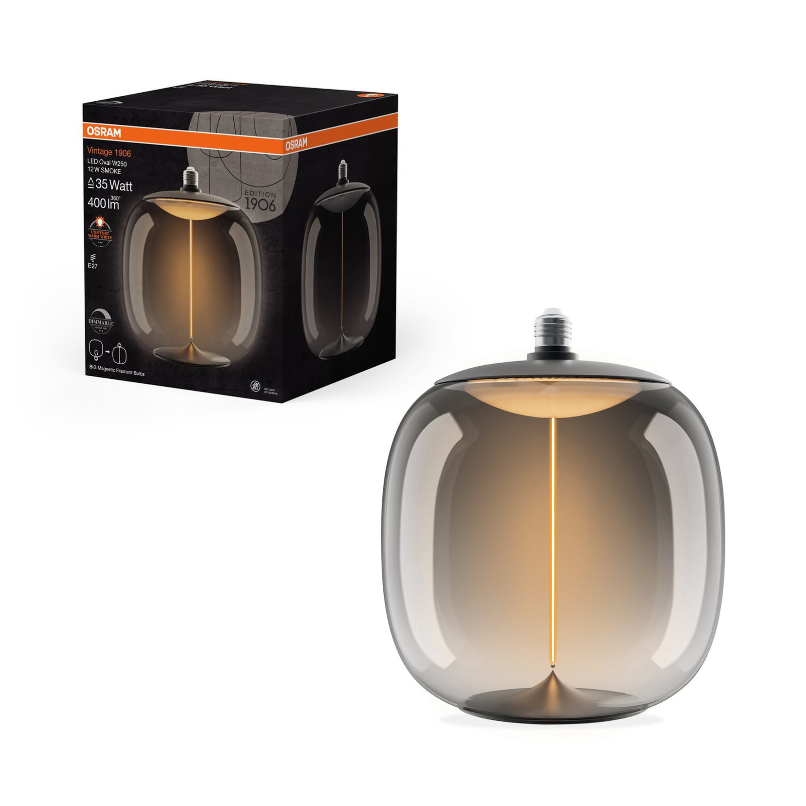 LED filamentpære Vintage Big Oval E27 12W 1800K dimbar smoke nærbilde