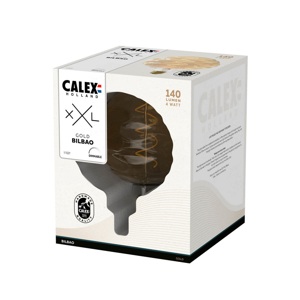 LED filamentpære Bilbao globeform E27 4W 1800K dimbar gull nærbilde av filament