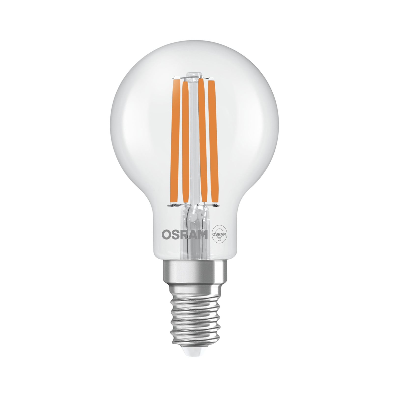 LED filamentpære dråpeform E14 3,8W 2700K 806lm klar OSRAM forfra