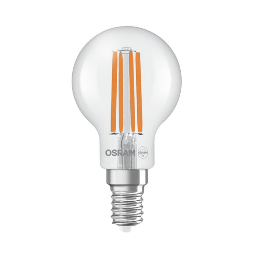 LED filamentpære dråpeform E14 3,8W 2700K 806lm klar OSRAM forfra