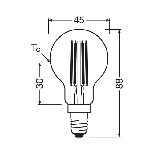 Baksiden av LED filamentpære dråpeform E14 3,8W 2700K 806lm klar OSRAM