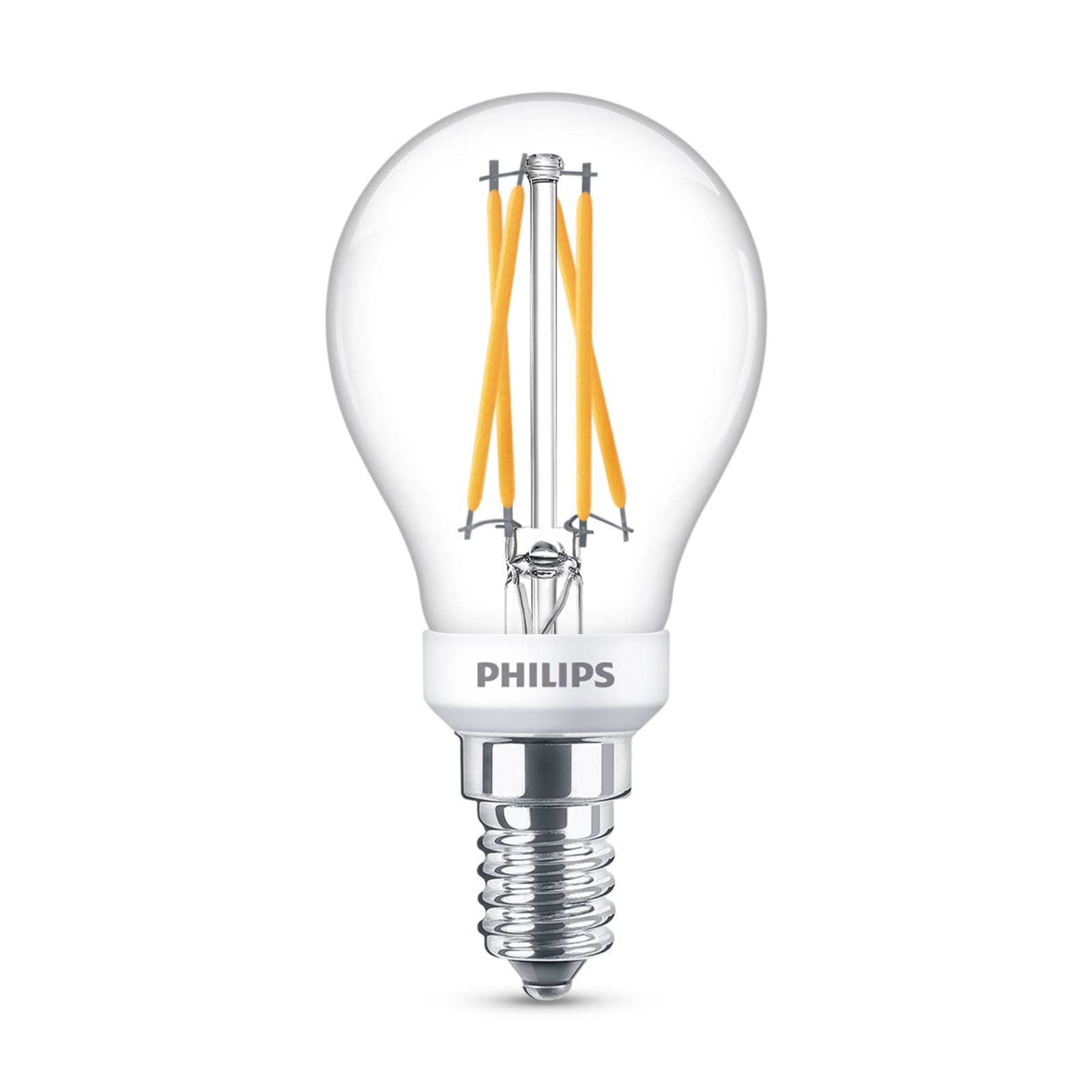 LED filamentpære dråpeform E14 2,5W 2700K dimbar klar Ra90 Philips forfra