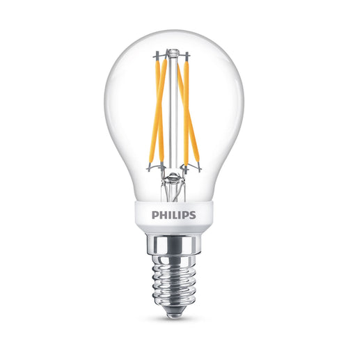 LED filamentpære dråpeform E14 2,5W 2700K dimbar klar Ra90 Philips forfra