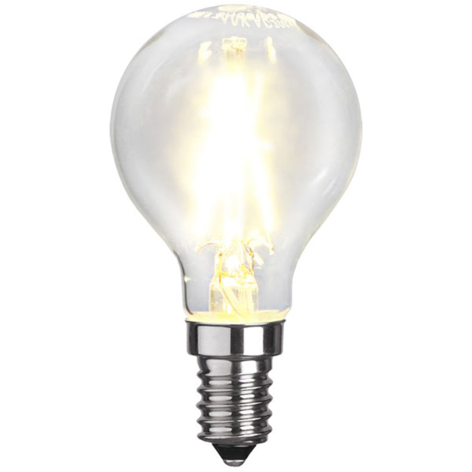 LED filamentpære dråpeform E14 P45 2W 2700K klar fra STAR TRADING forfra