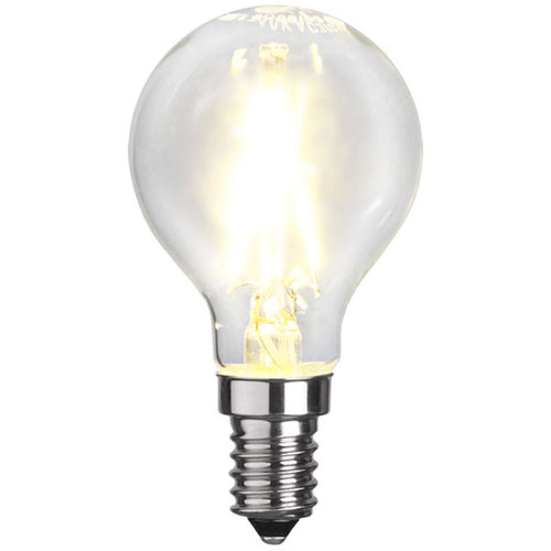 LED filamentpære dråpeform E14 P45 2W 2700K klar fra STAR TRADING forfra