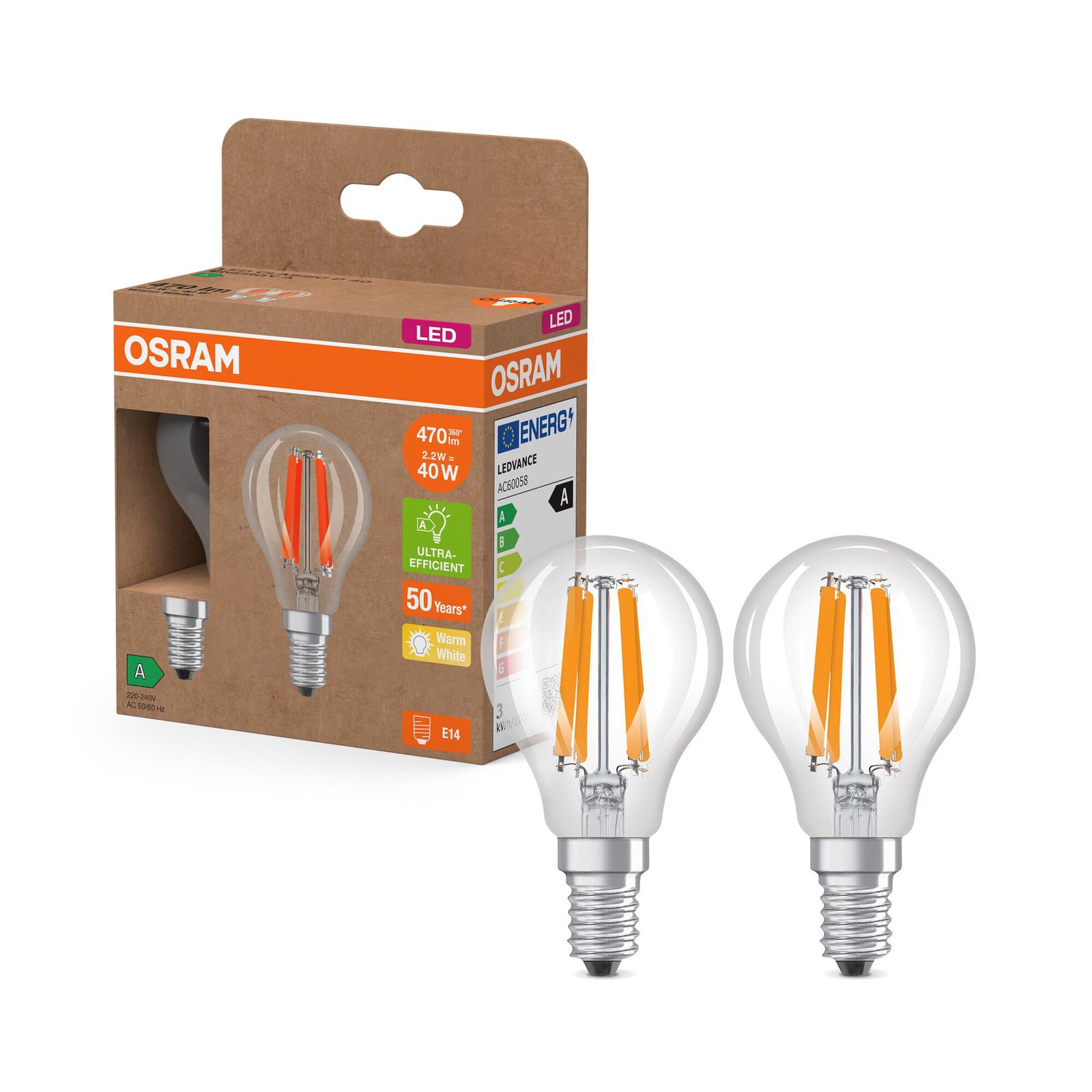 Detaljbilde av LED filamentpære dråpeform E14 2,2W 2700K 470lm OSRAM