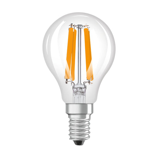 LED filamentpære dråpeformet E14 1,2W 2700K klar OSRAM forfra
