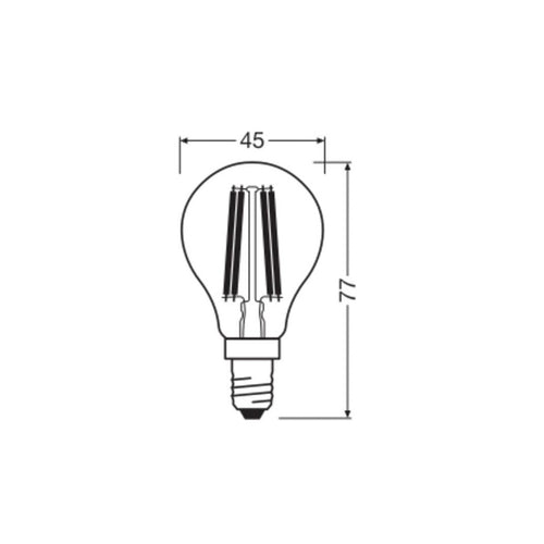 Bakside av LED filamentpære dråpeformet E14 1,2W 2700K klar OSRAM