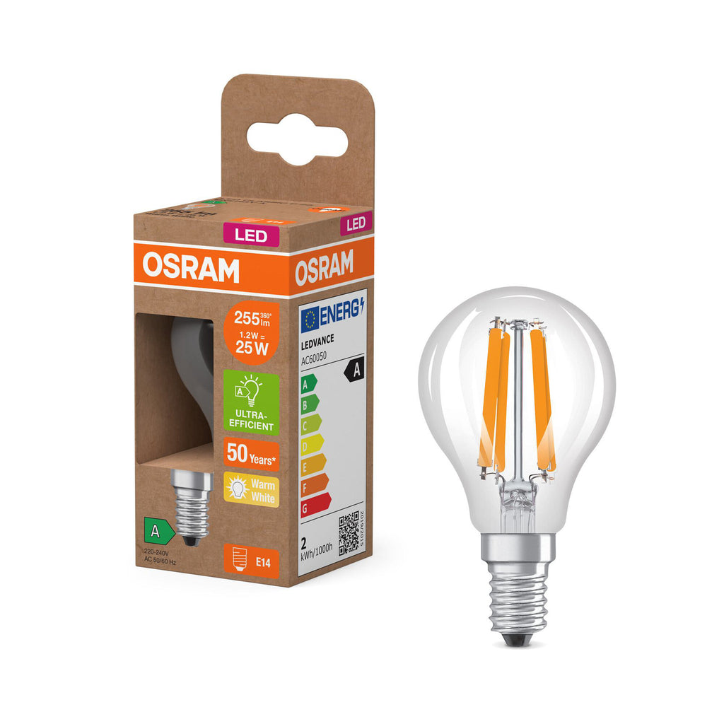 Detalj av LED filamentpære dråpeformet E14 1,2W 2700K klar OSRAM