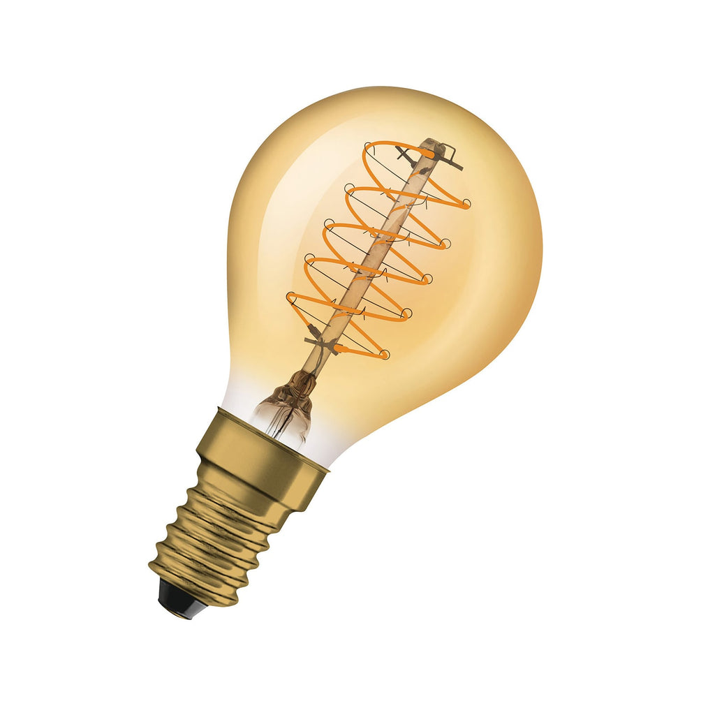 LED filamentpære E14 3,4W 2200K dråpeform dimbar gull forfra