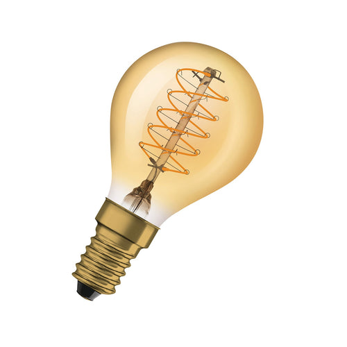 LED filamentpære E14 3,4W 2200K dråpeform dimbar gull forfra