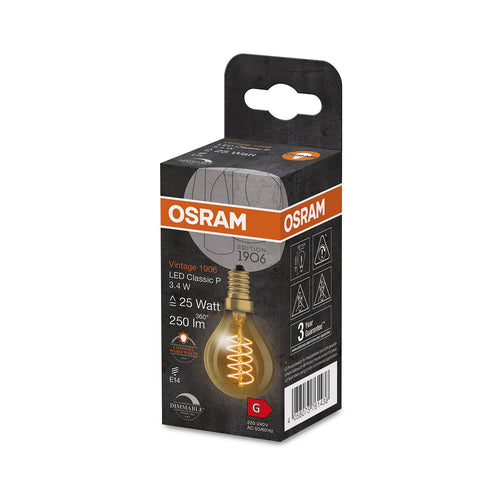 LED filamentpære E14 3,4W 2200K dråpeform dimbar gull detalj