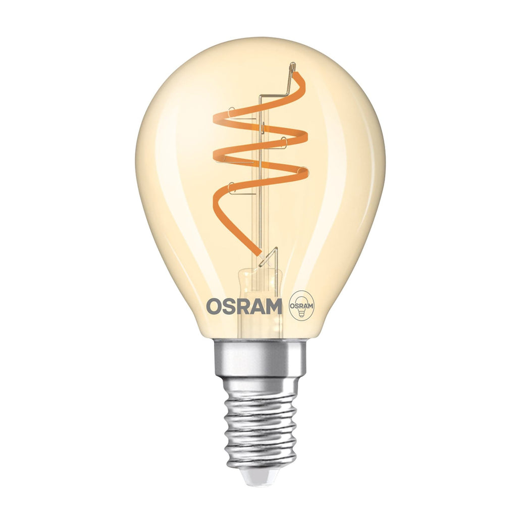 LED filamentpære E14 4,9W 2200K dimbar dråpeform gull OSRAM forfra