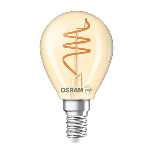 LED filamentpære E14 4,9W 2200K dimbar dråpeform gull OSRAM forfra