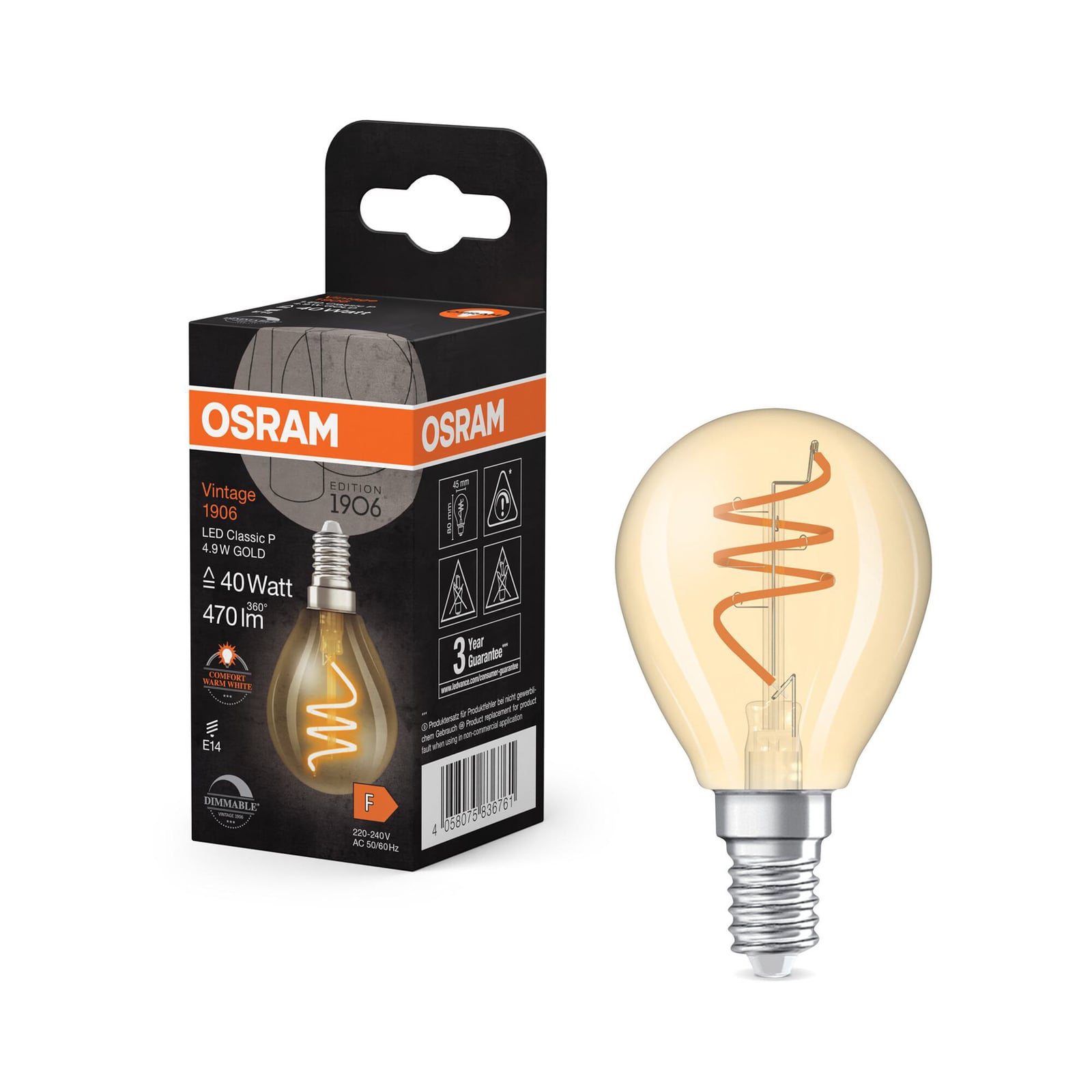 LED filamentpære E14 4,9W 2200K dimbar dråpeform gull OSRAM nærbilde
