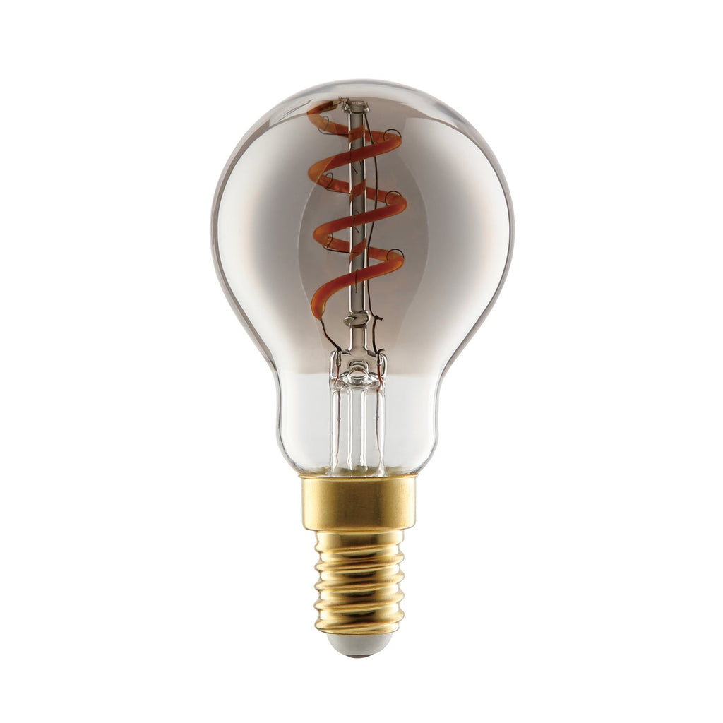 LED filamentpære E14 4W 2000K dimbar røykgrå dråpeform forfra
