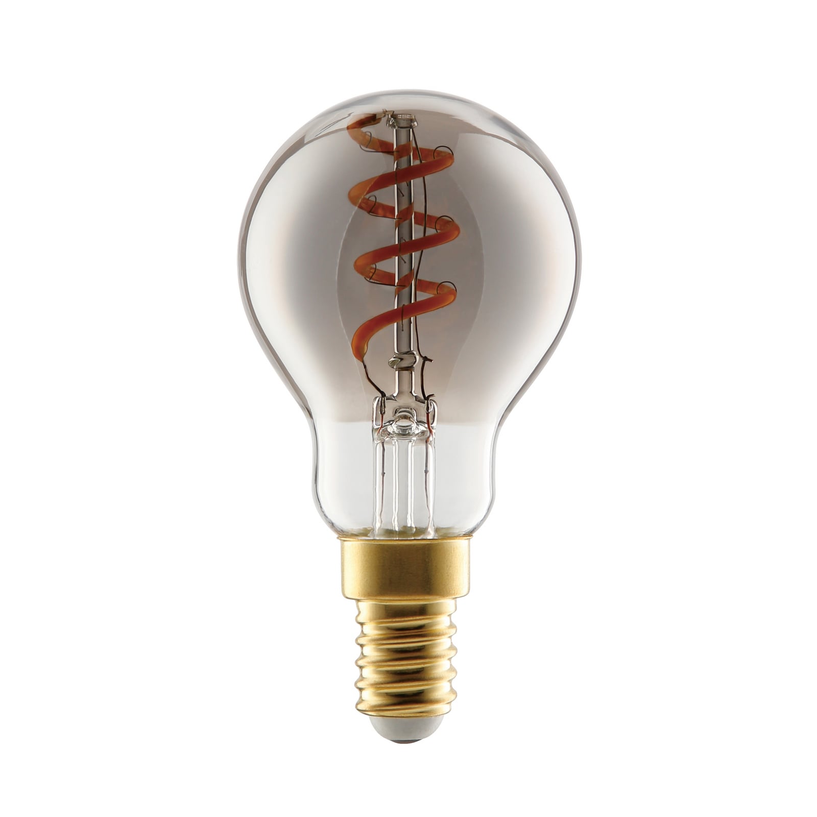 LED filamentpære E14 4W 2000K dimbar røykgrå dråpeform forfra