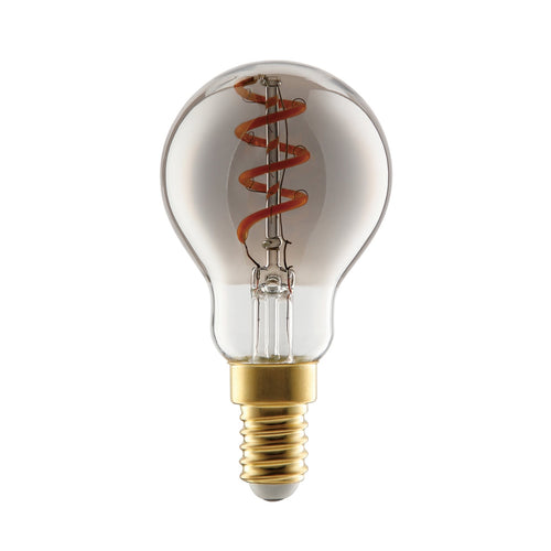 LED filamentpære E14 4W 2000K dimbar røykgrå dråpeform forfra