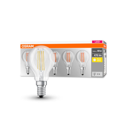 LED filamentpære E14 4W 2700K klar 470lm 5-pakning - OSRAM forfra