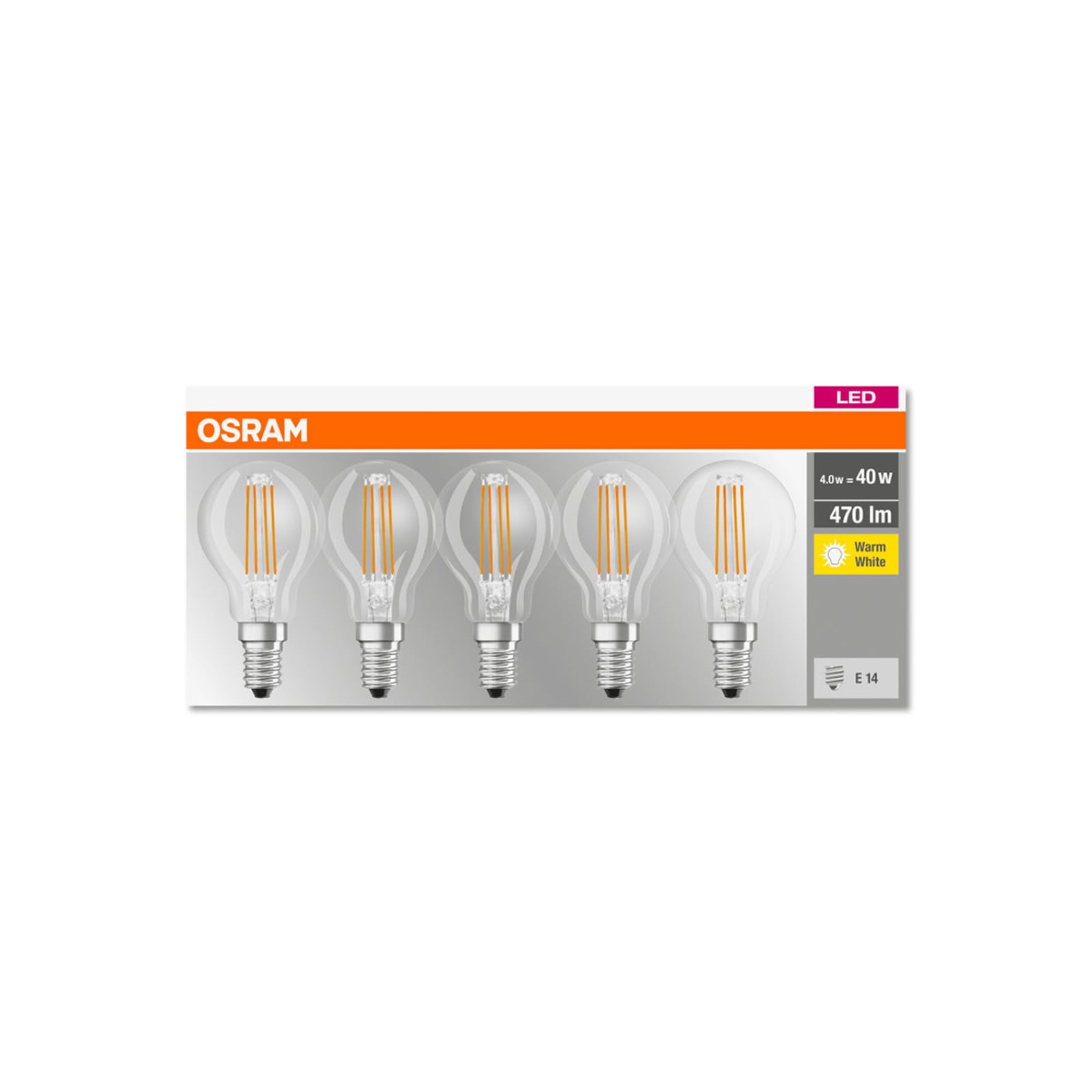 Detalj av LED filamentpære E14 4W 2700K klar 470lm 5-pakning - OSRAM