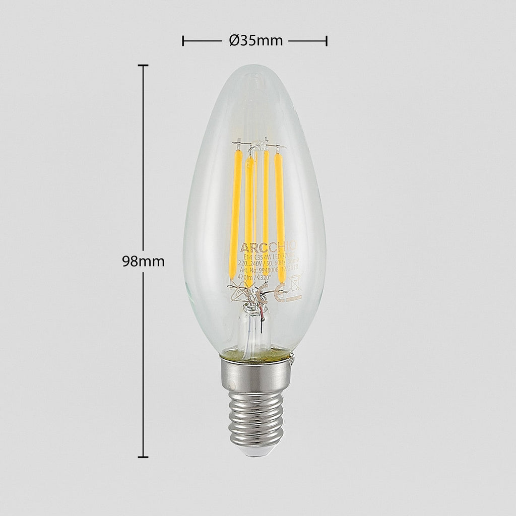 Detalj av LED filamentpære E14 4W kronelysform 2700K dimbar klar Arcchio
