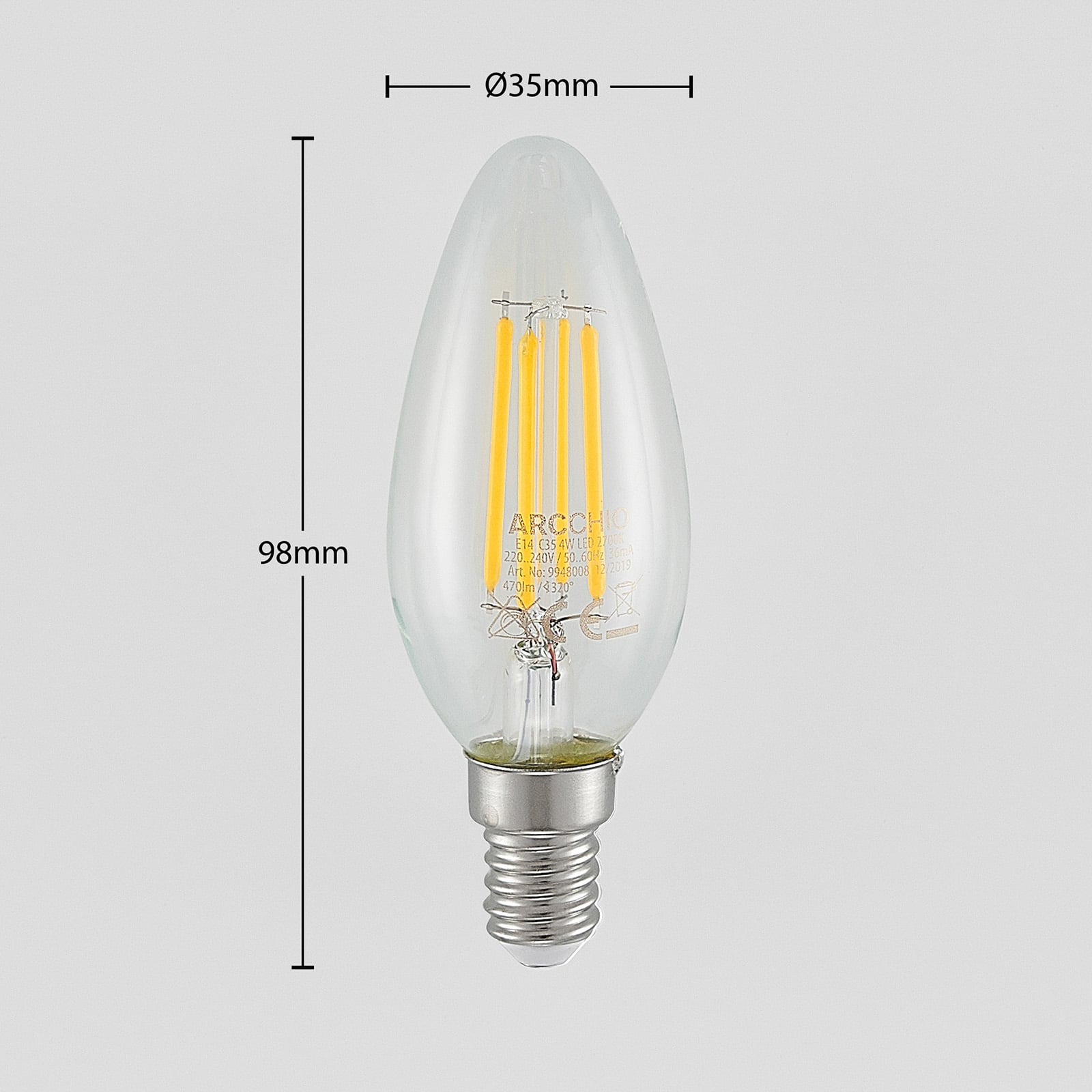 Detalj av LED filamentpære E14 4W kronelysform 2700K dimbar klar Arcchio