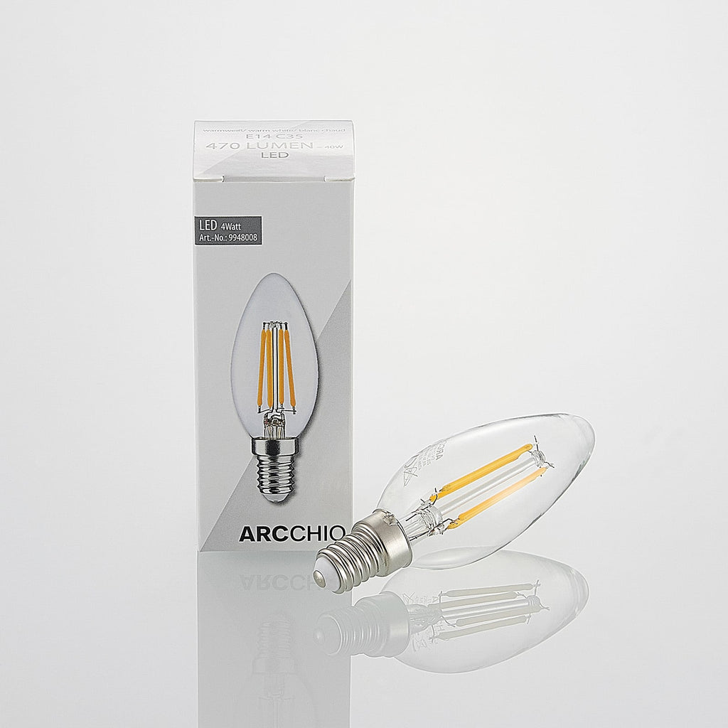 Nærbilde av LED filamentpære E14 4W kronelysform 2700K dimbar klar Arcchio